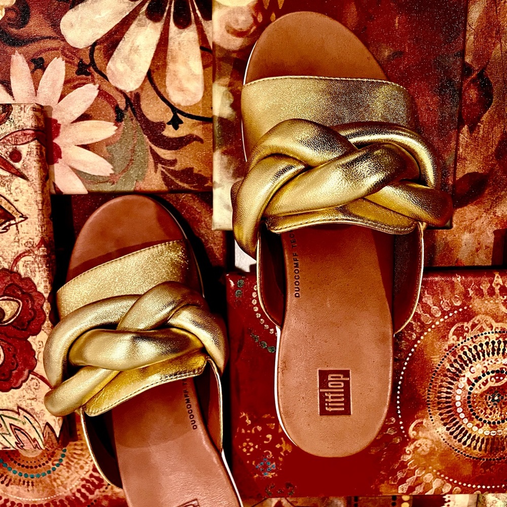 NWT FitFlop gold REAL leather Artisan FITFLOP braid front knot slides podiatric - Picture 5 of 16